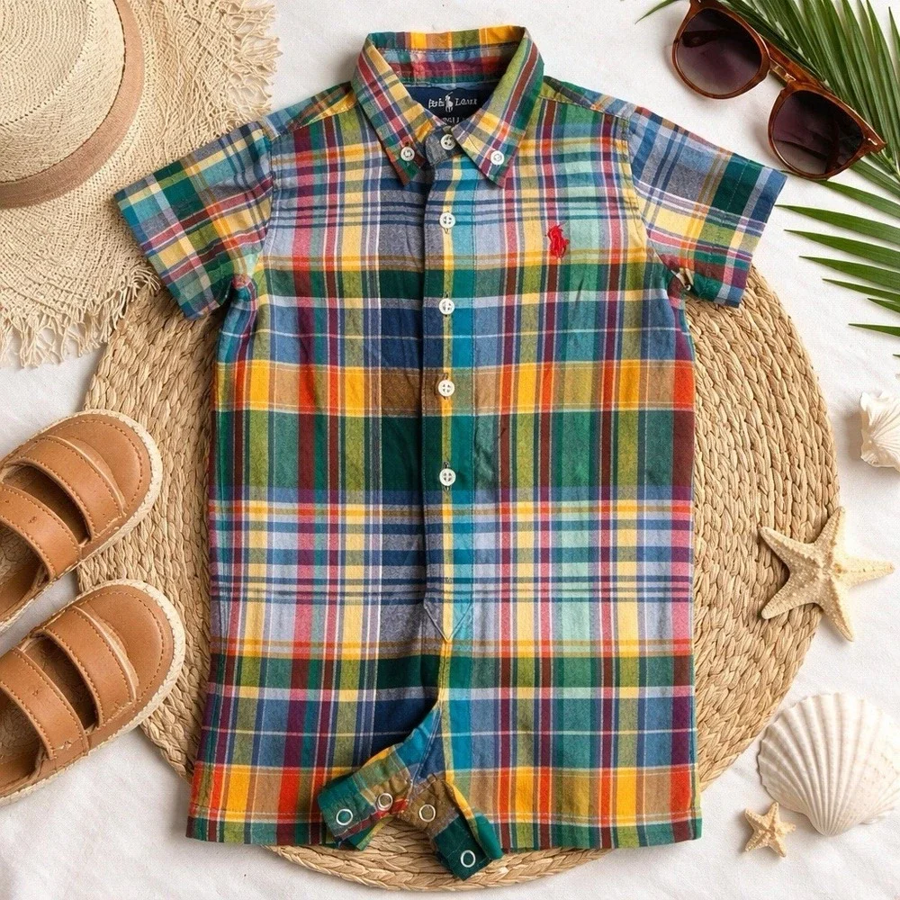 Ralph Lauren Plaid One Piece Romper Baby Boy Sz 9M Preppy Spring Summer Beach